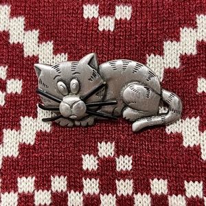 Silver Comic Cartoon Cat Pin Brooch Vintage Whiskers Abyssinian Jewelry Feline